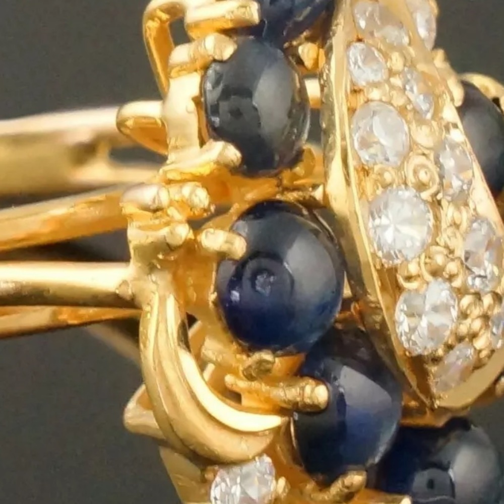 Solid 22 k Gold Blue Sapphire Cabochon Quartz Ring - Picture 12 of 16